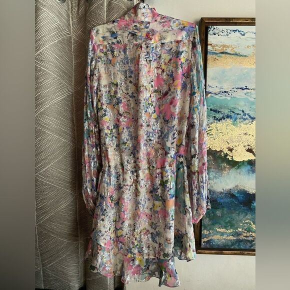 Rococo Sand Floral Leila Metallic Stars Mini Dress Sz XS Wrap Viscose Lined NWT - Picture 8 of 17